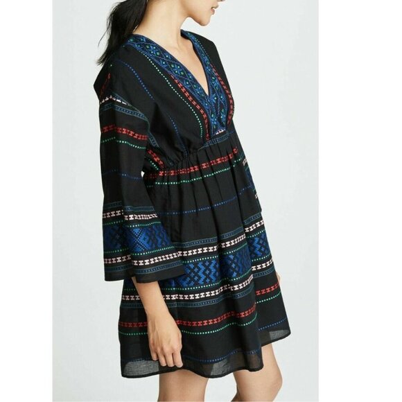 Joie Boho Embroidered Cotton Mini Dress Small Black VNeck Blue Shada Bell Sleeve - Picture 5 of 9
